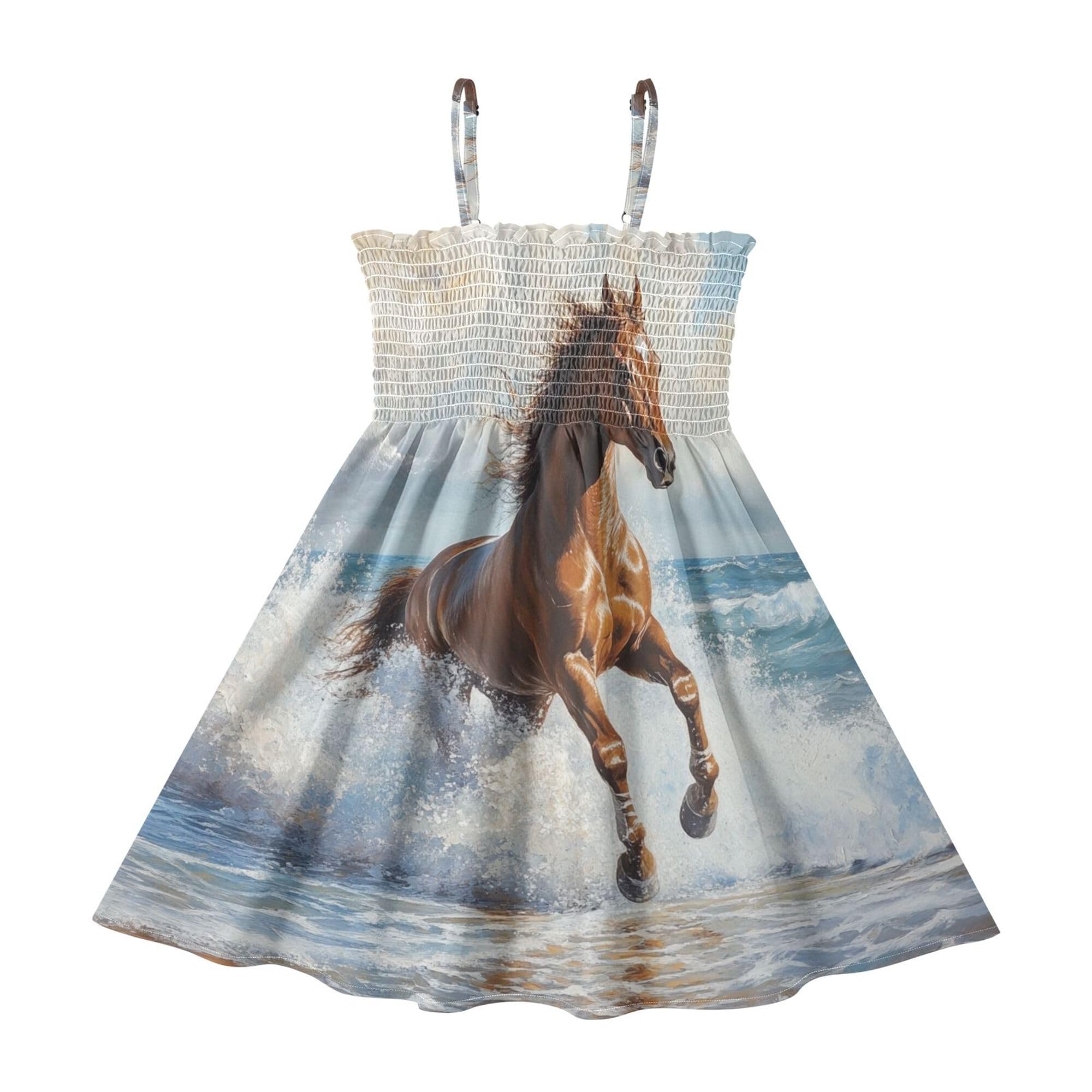 Pretty Horse Running in Ocean Girls Sundress Girls Strap Dresses Casual Dress 2T-8T