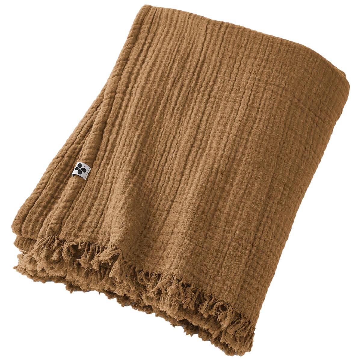 Plaid à franges anti-plis en gaze de coton marron camel Gaia