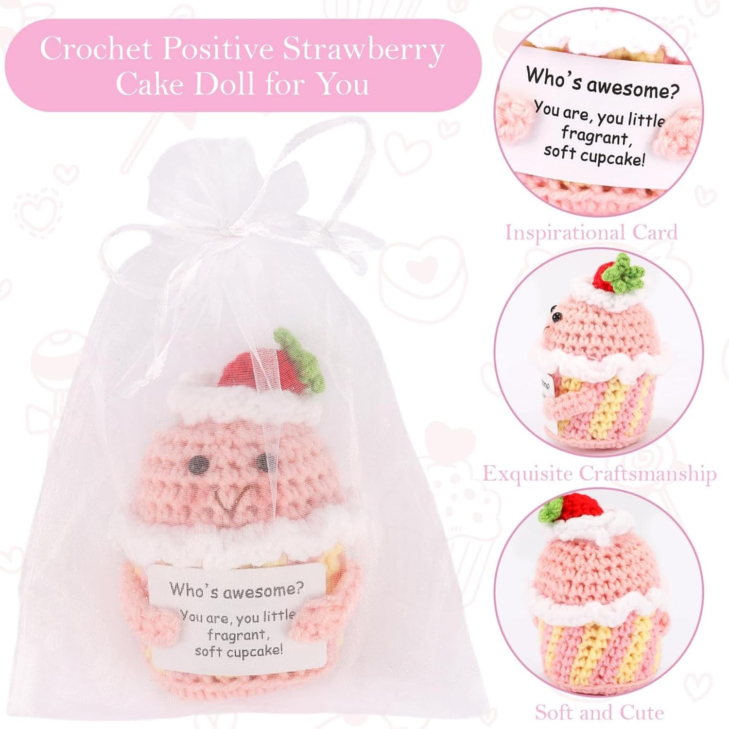 Crochet Pink Strawberry-Cake Doll with Positive Card Friendship Birthday Valentine Galentine Day Gift for Women Wife Girl Handmade Emotional Support Small Cute Stuff Ideal for Home Decor Doll Ornament