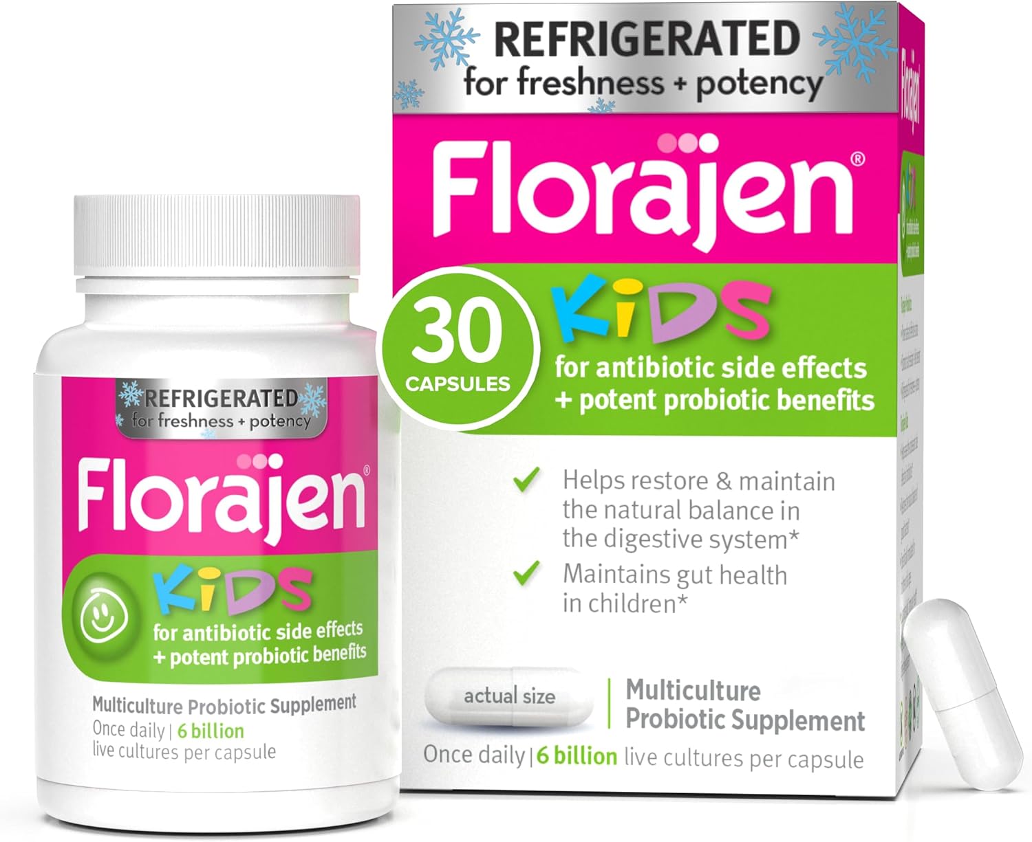 Florajen Kids Probiotic - Daily Gut & Immune Support for Children 6+ Months - Constipation, Bloating, & Digestive Relief - Refrigerated for Freshness & Potency - 30 Capsules