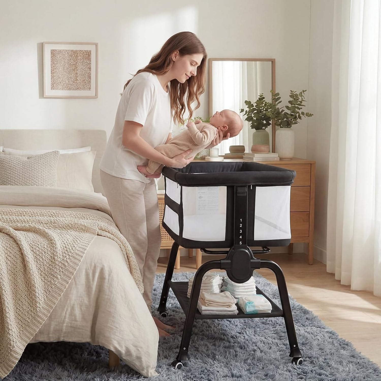 Cowiewie Bassinet Bedside Sleeper, Breathable Baby Bedside Bassinet and Mattress, Lightweight and Portable for Bedside Sleeping (Black)