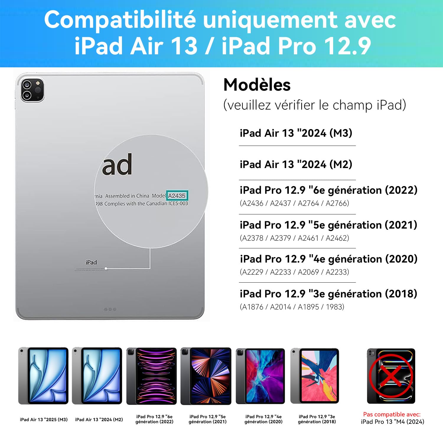 HOU Clavier pour iPad Air 13" M4 2026/M3 2025/M2 2024 & iPad Pro 12,9" (6e, 5e, 4e, 3e génération - 2022, 2021, 2020, 2018) avec pavé Tactile Trackpad Magic Clavier AZERTY,Noir