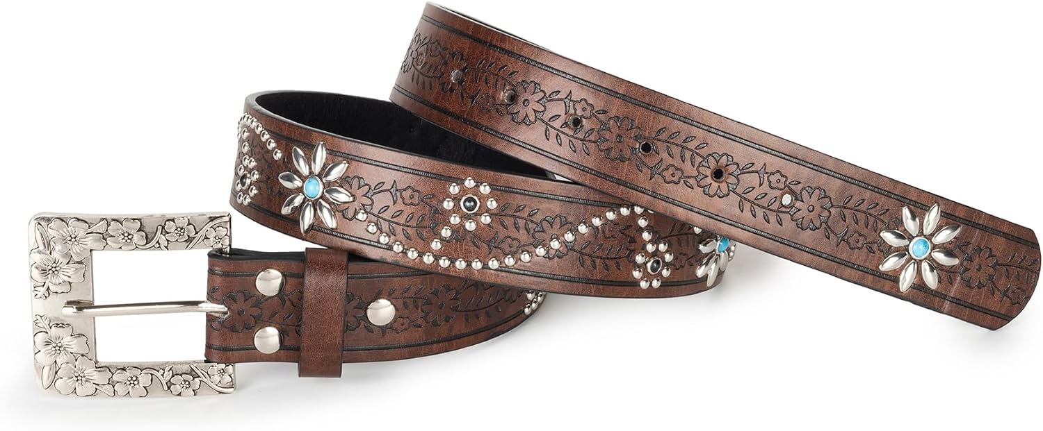 XuoAz Womens-Western-Belts Rhinestone-Cowboy-Cowgirl-Belt Embossed Floral Pu Leather Bling-Diamond Country Belts(for 33"-38") image 5