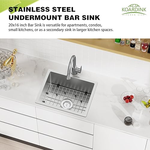 Miniatura 25 de Fregadero negro de cocina y bar, fregadero de cocina de acero inoxidable de 20 x 16 pulgadas, moderno fregadero de barra de montaje en la parte