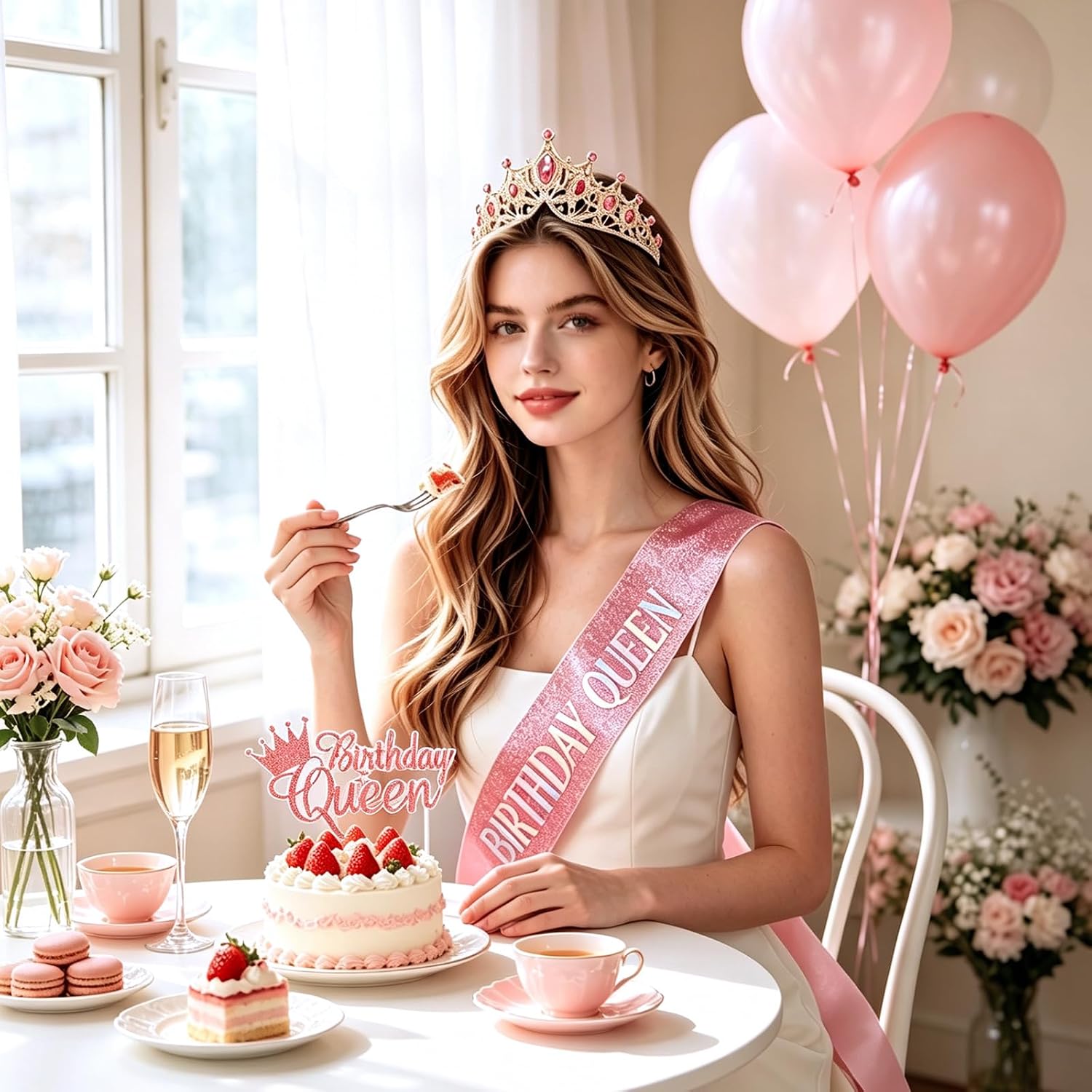 Queen Birthday Crown and Sash for Women Crystal Tiaras with Cake Topper for Birthday Ceremony image 3