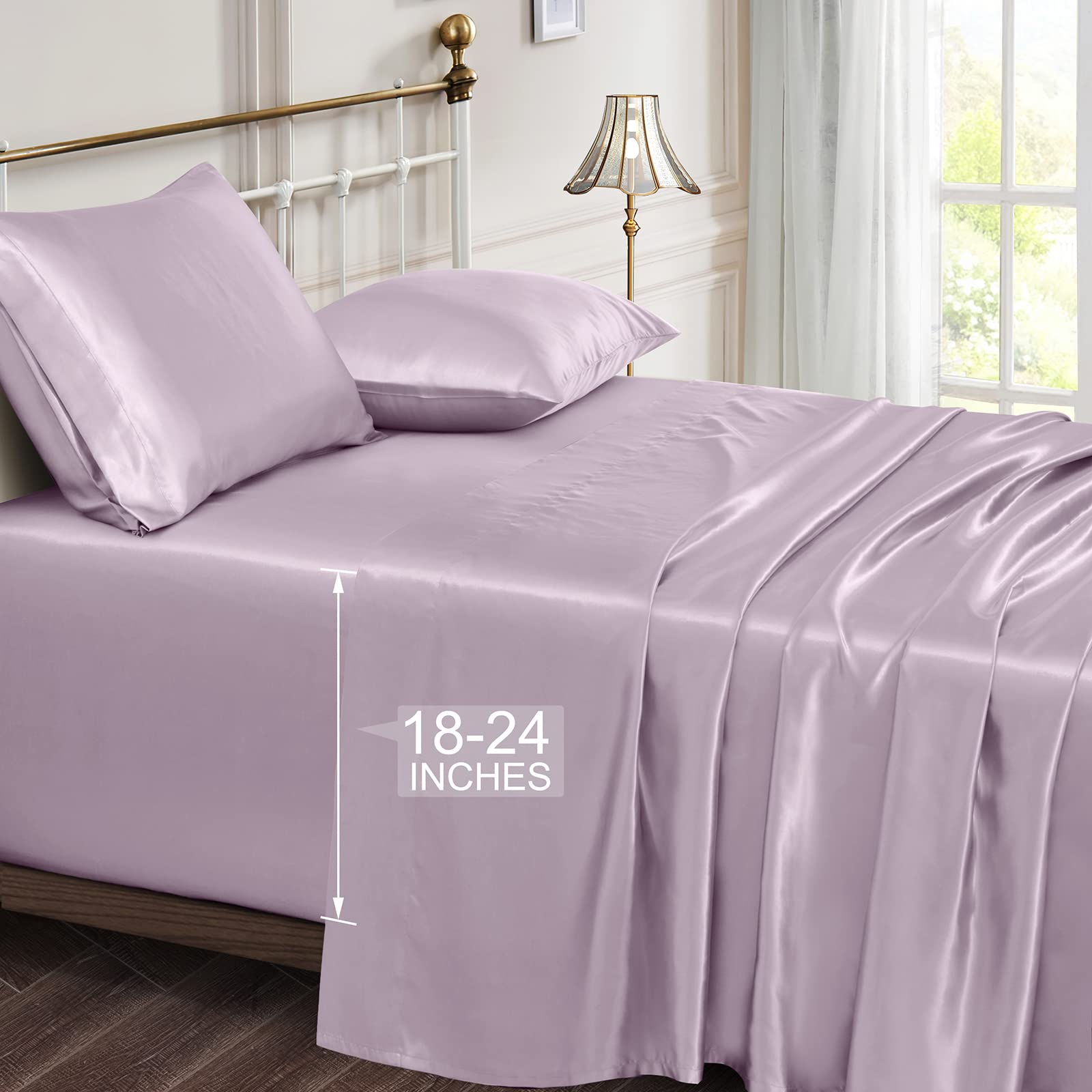 Vonty Satin Sheets Extra Deep Pocket King Size Sheets - Cooling & Silky Satin King Sheets Set with 18-24 Inch Deep Pocket, Luxury Lavender Satin Bed Sheets Fit Up to 24" Deep Matress - 4 Piece