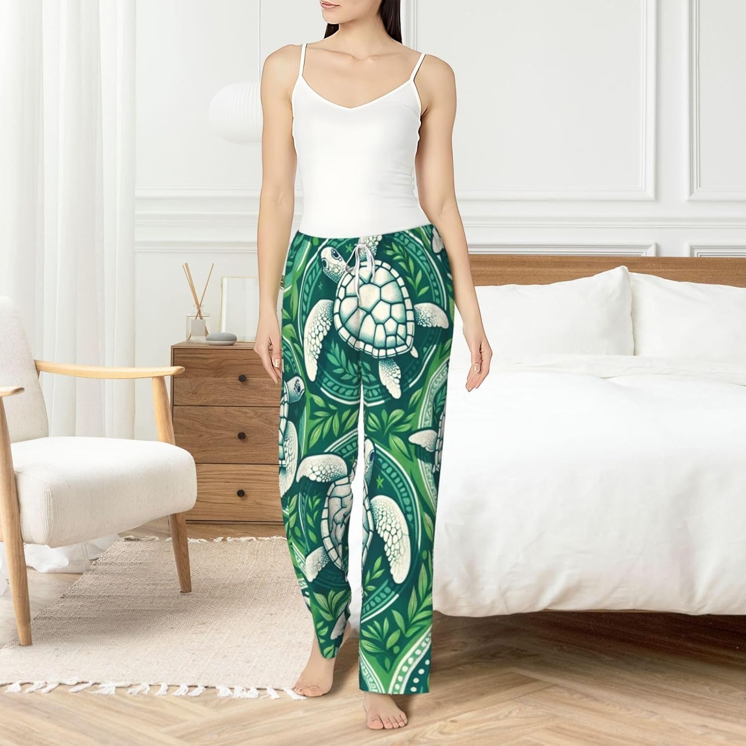 Women'S Turtles-Green-Leaves Fleece Pajama Pants, Cozy Flannel Lounge Bottoms For Women