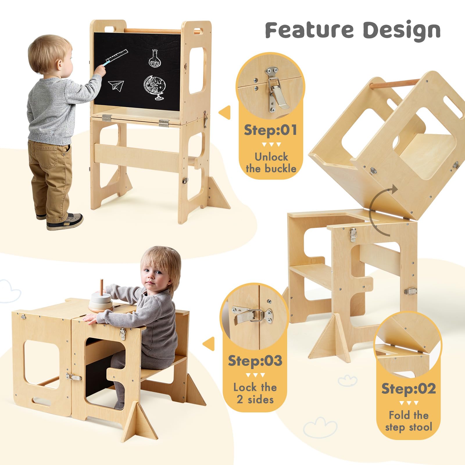 Labebe Montessori Torre per bambini, 3 in 1 pieghevole Torre didattica, Scala Sgabello per bambini con lavagna, Montessori Legno torretta per utensili da cucina a partire da 18 mesi (Legno)