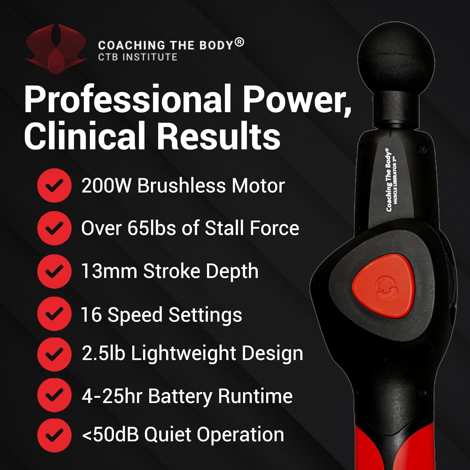 Muscle Liberator 3 – Quiet, Portable Massage Gun with 4-Position Rotating Head, 16 Selectable Speeds & CTB Silicone Trigger Point Head – Rechargeable, 4-25 Hours Battery Life, 2.5lb
