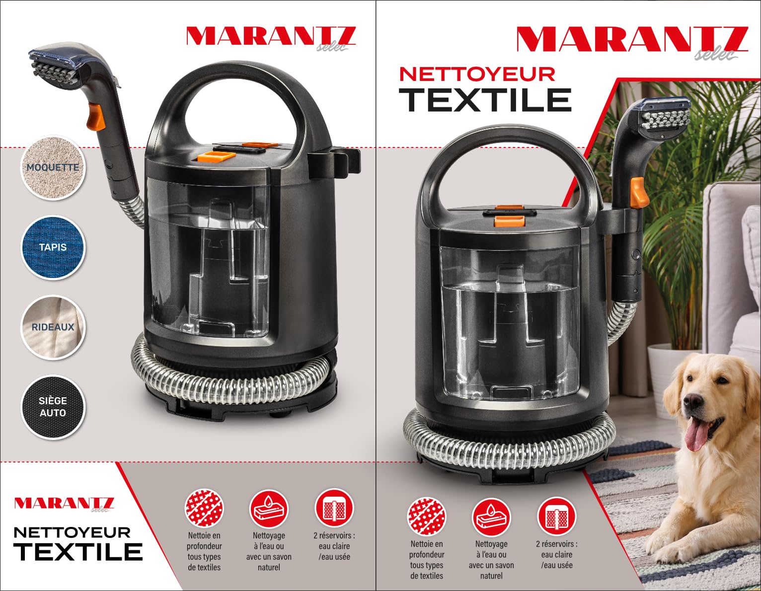 Shampouineuse 400W avec pulvérisateur - Nettoyeur textile à main avec réservoir, injecteur extracteur, détacheur laveur, aspire et nettoie canapés, tissus, moquettes, sièges auto, tapis, câble 5m