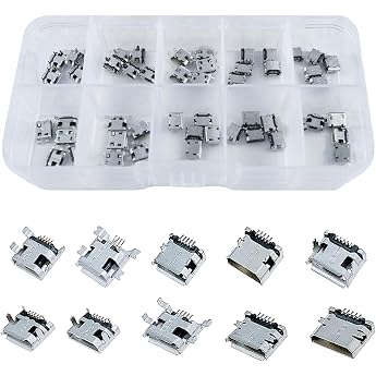 Rierousy Pack of 50 Micro USB Female Connectors 5-Pin DIP 180 Degrees 10 Models 5 Pieces of Each Type Connector Set for Phone Soldering Repair USB Replacement Adapter