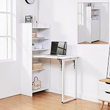 Foldable Desk with Storage,Hidden Desk with Built-in Socket,Fold Out Writing Table for Small Spaces,Home Office and Bedroom White