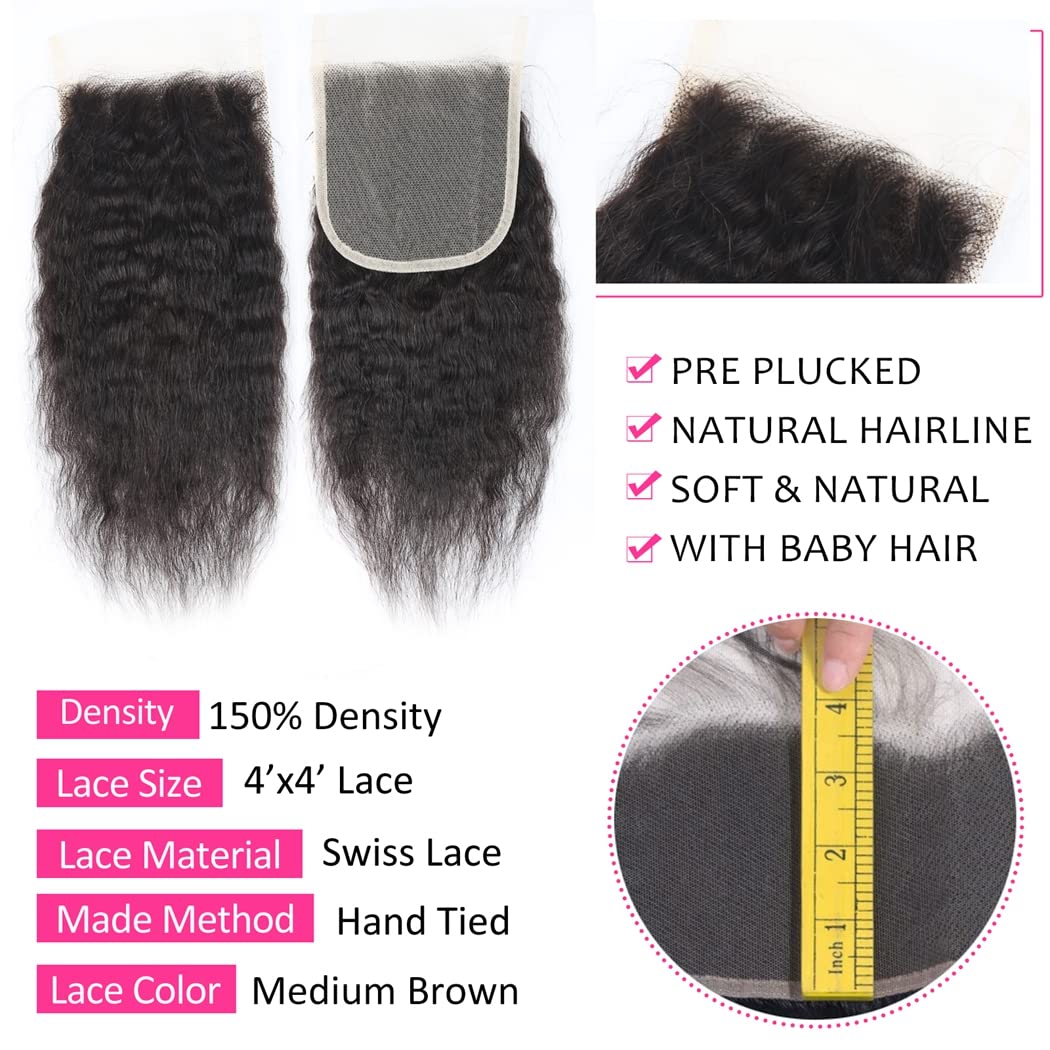 Odir Kinky Straight Bundles with Closure Brazilian Human Hair Unprocessed 9A Yaki Straight Virgin Hair 3 Bundles with 4x4 Lace Closure 10 10 10+10 Inch 50g/Bundle Natural Black