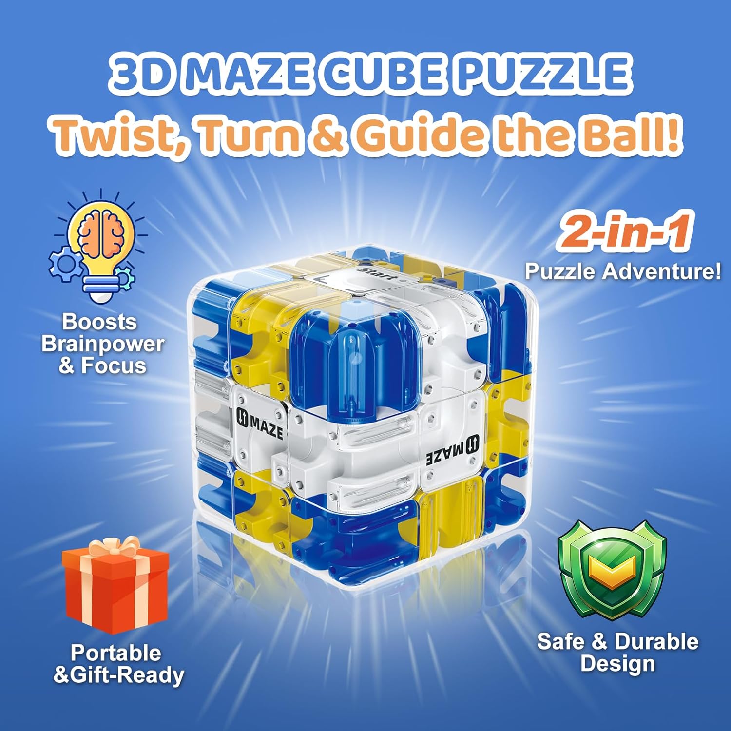 Large 3D Maze Cube Puzzle - Rolling Ball Labyrinth Game, Marble Maze Cube for Kids & Adults, Brain Teaser Educational Toy for Problem Solving & Cognitive Development