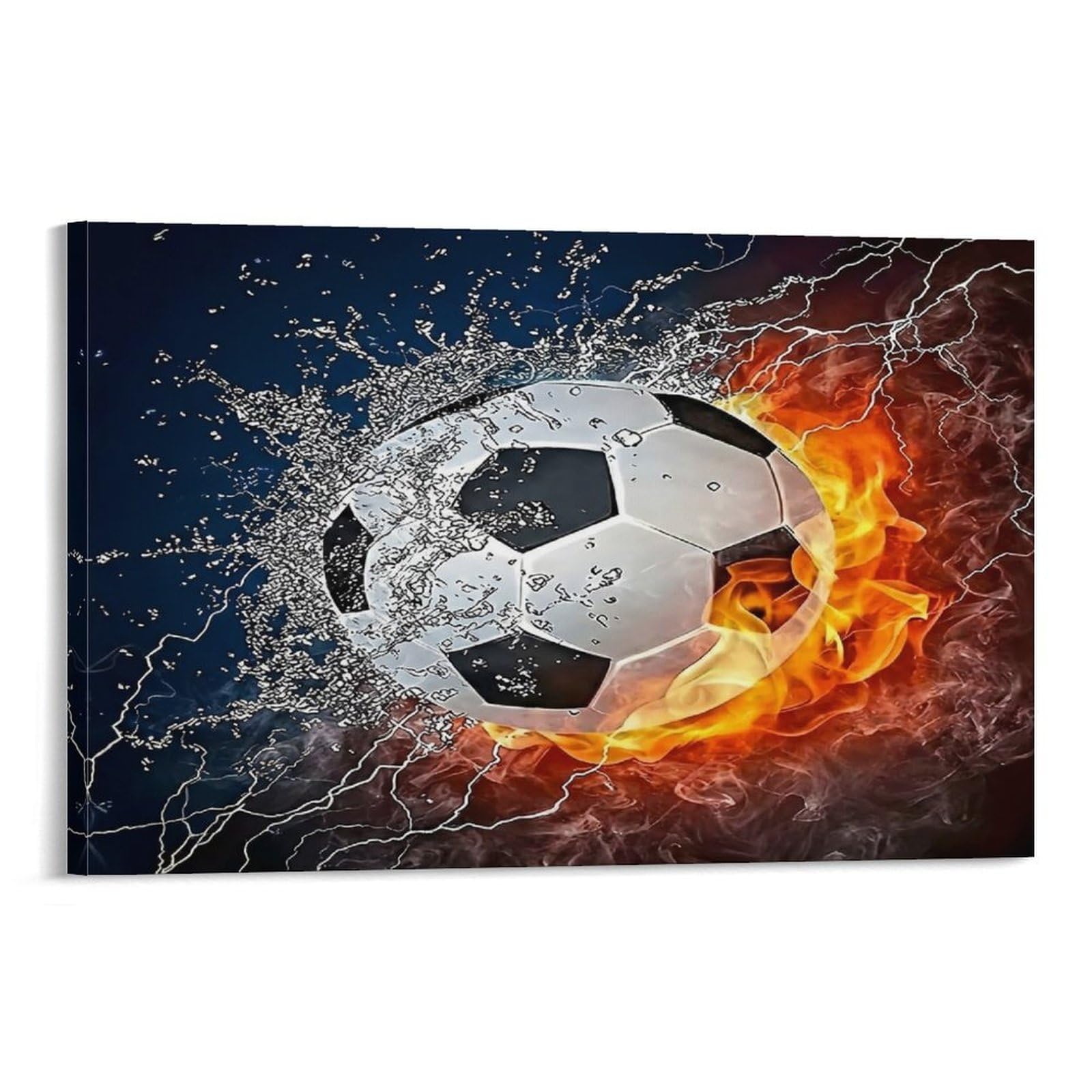 CPLVKWRQJ SoccerBallFireWater Single Piece Fiery Icy Soccer Ball Dark Backdrop Art Canvas Art - Kitchen Canvas Wall Decor Removable Multi-Purpose Ready to Hang 20x30inch(50x75cm)