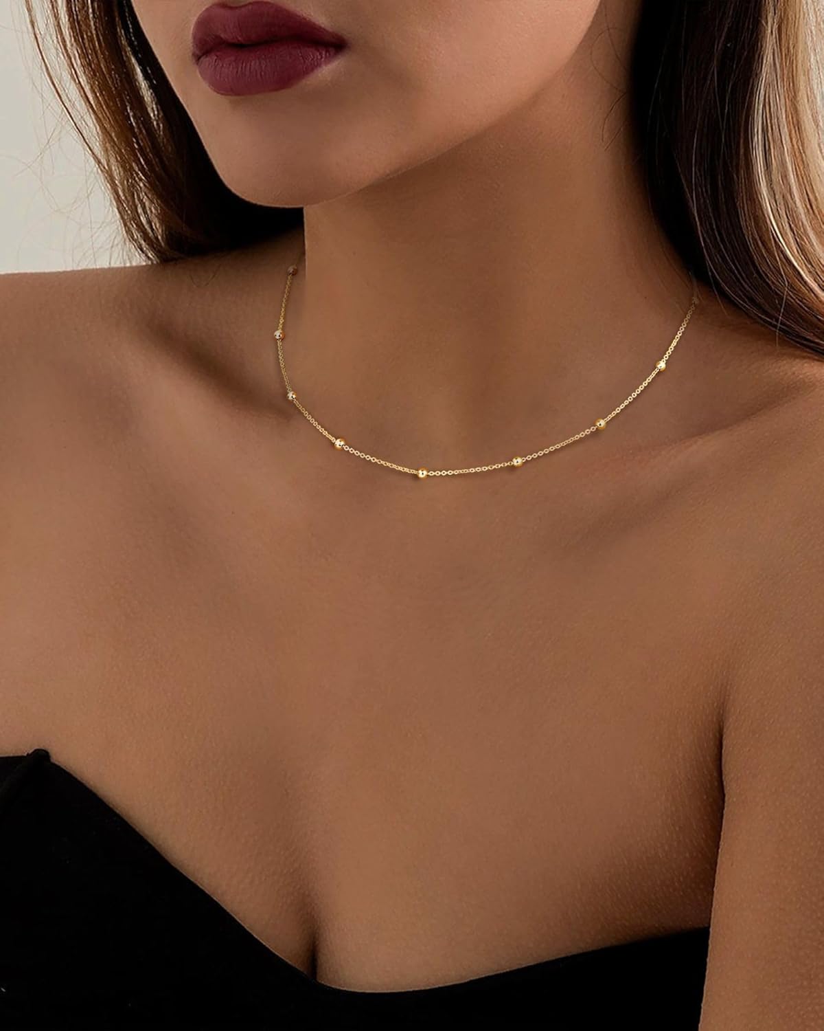 MJartoria Dainty Choker Necklace for Women 14K Gold Plated Minimalist Chain Choker Necklace Trendy Satellite Bead Choker Jewelry Gifts - Image 3