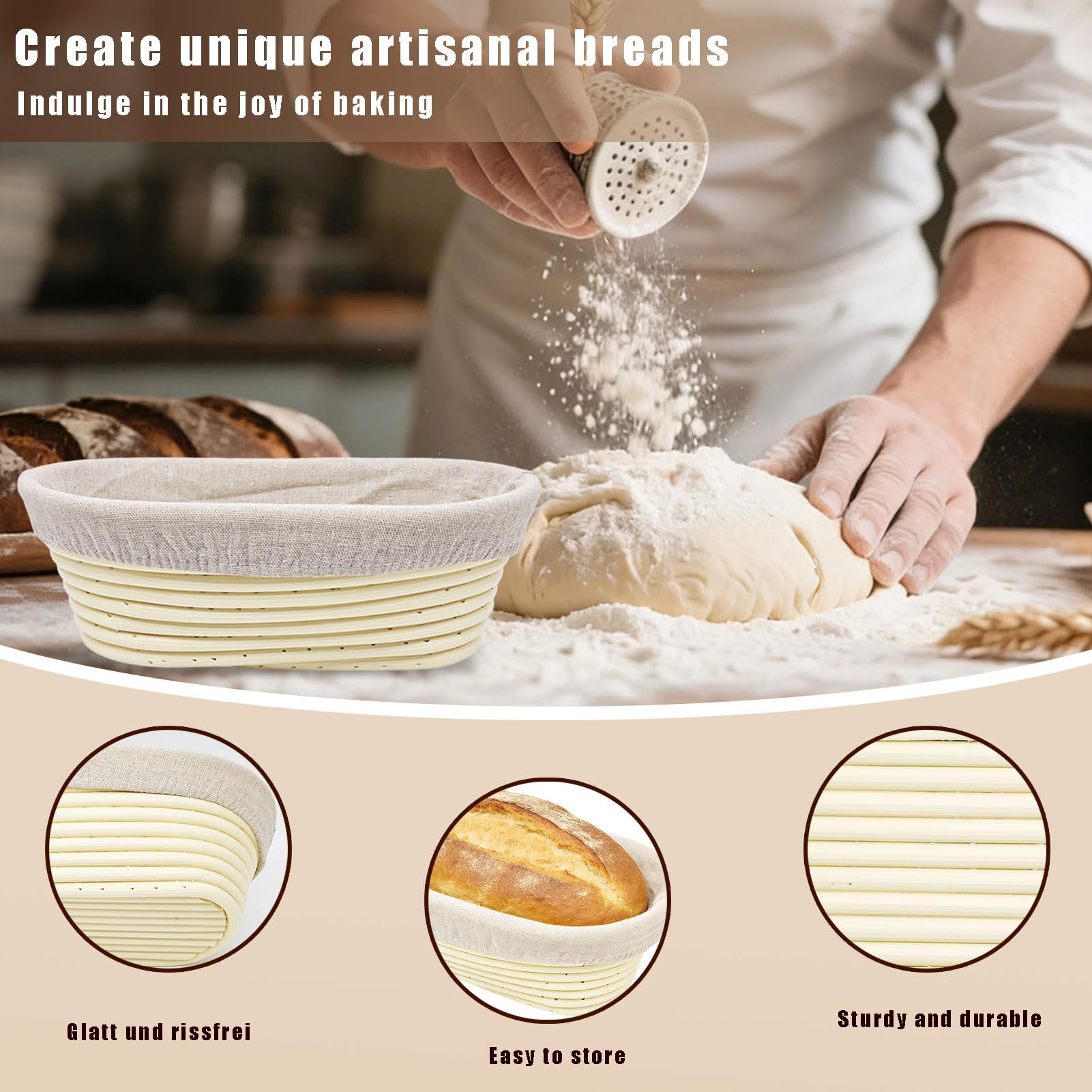 Cestino Lievitazione Pane Ovale 25cm con Taglierino per Pane,Tela di Lino,Cesto Lievitazione per Impasto,Pizza,Banneton Ovale per Panettieri Artigianali e Professionisti