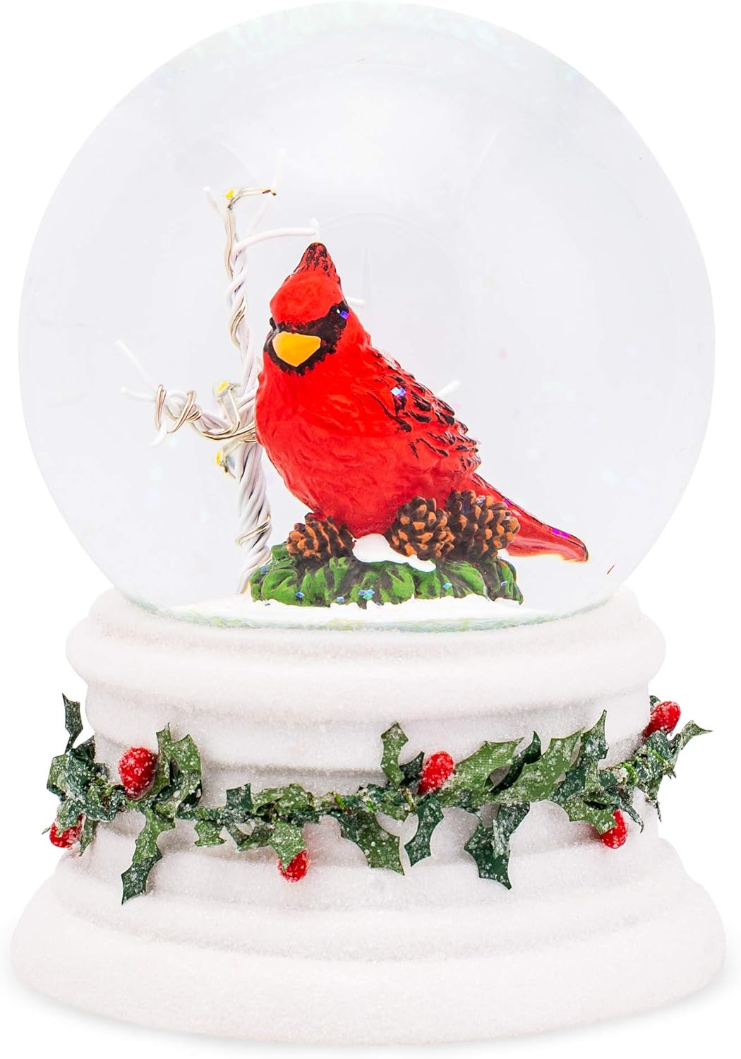 LED Glittery White Cardinal Snow Globe with Holly Trim