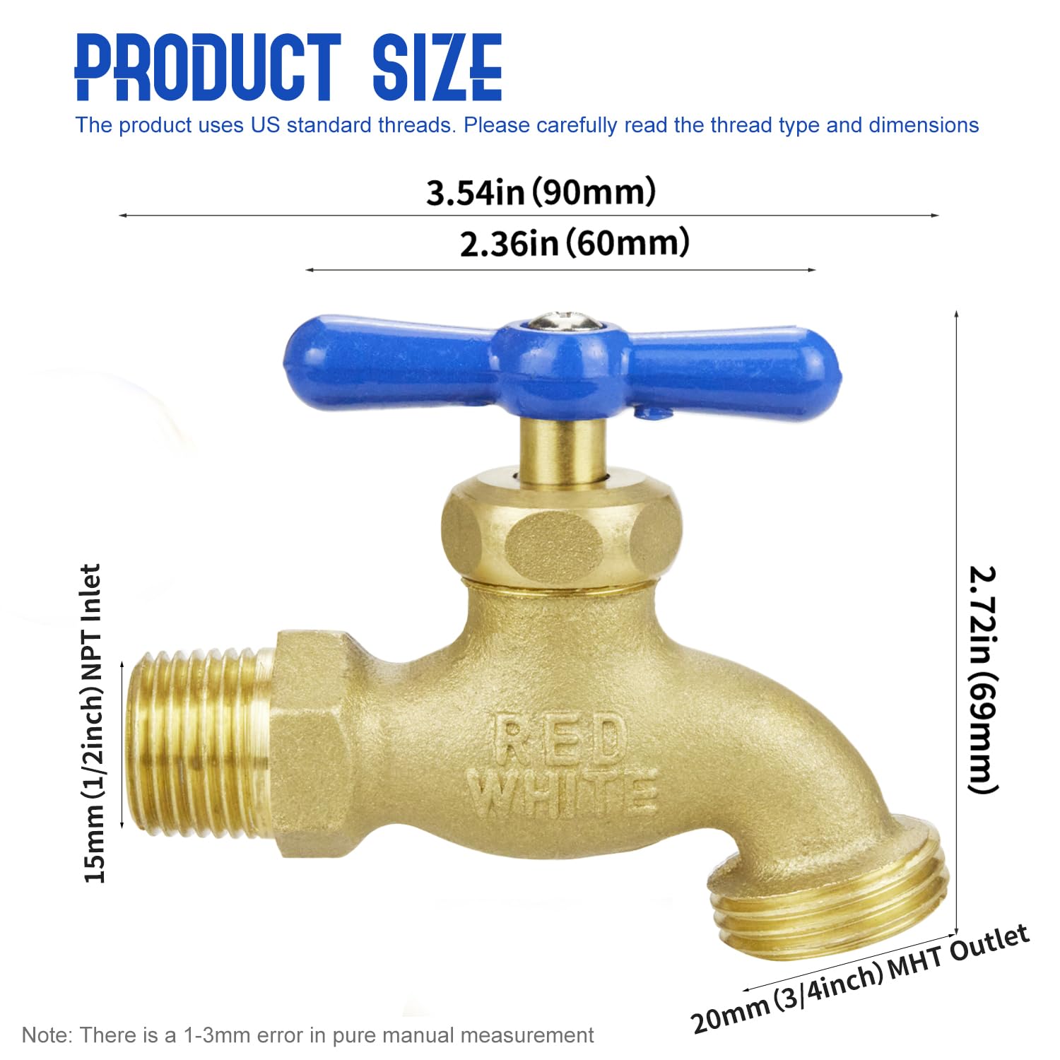 TMOK Robinet de jardin extérieur à débit complet – Entrée MIP 1/2" x sortie MHT 3/4" en laiton robuste, facile à installer, contrôle de l'eau multi-tours, comprend du ruban en téflon et des rondelles