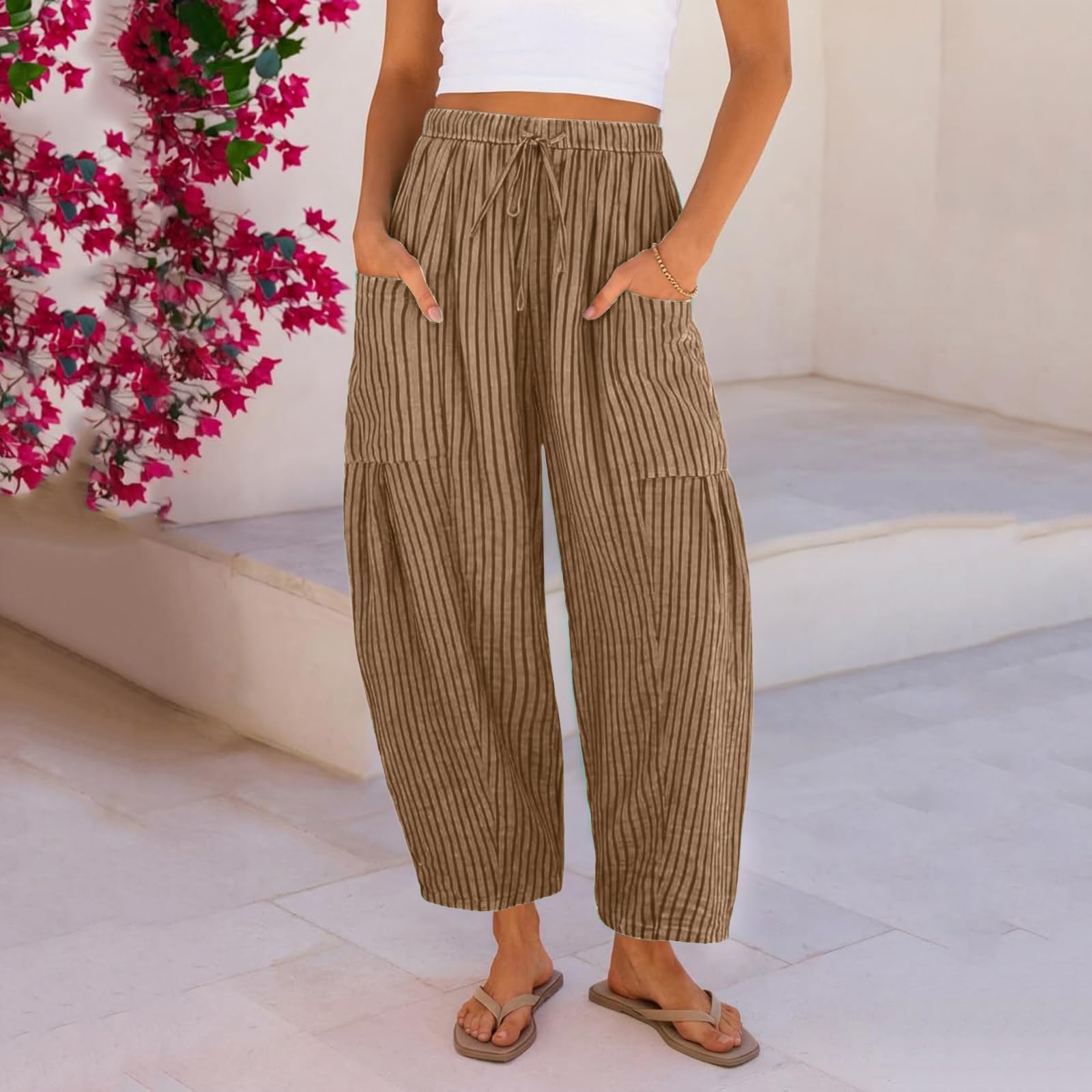 Pantalon Femme Coton et Lin Été Léger Fluide Sarouel d'été Rayures avec Cordon de Serrage et Taille élastique Pantalons en Lin pour Femmes Confortable Décontracté Pants de Plage avec Poches