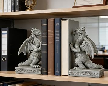 Dragon Statue Decorative Bookends for Shelves, Stone Grey Dragon Statue Home Office Decoration, Fantasy Dragon Figurine Enthusiasts Gifts