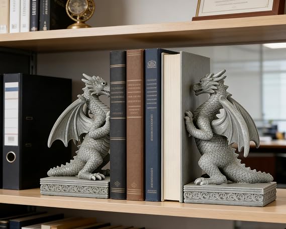 Dragon Statue Decorative Bookends for Shelves, Stone Grey Dragon Statue Home Office Decoration, Fantasy Dragon Figurine Enthusiasts Gifts