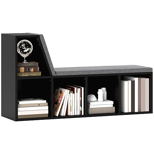 HOMCOM Bookcase Storage Shelf with Cushioned Reading Seat, Bookshelf Storage Cabinet for Study Living Room, Black - Black
