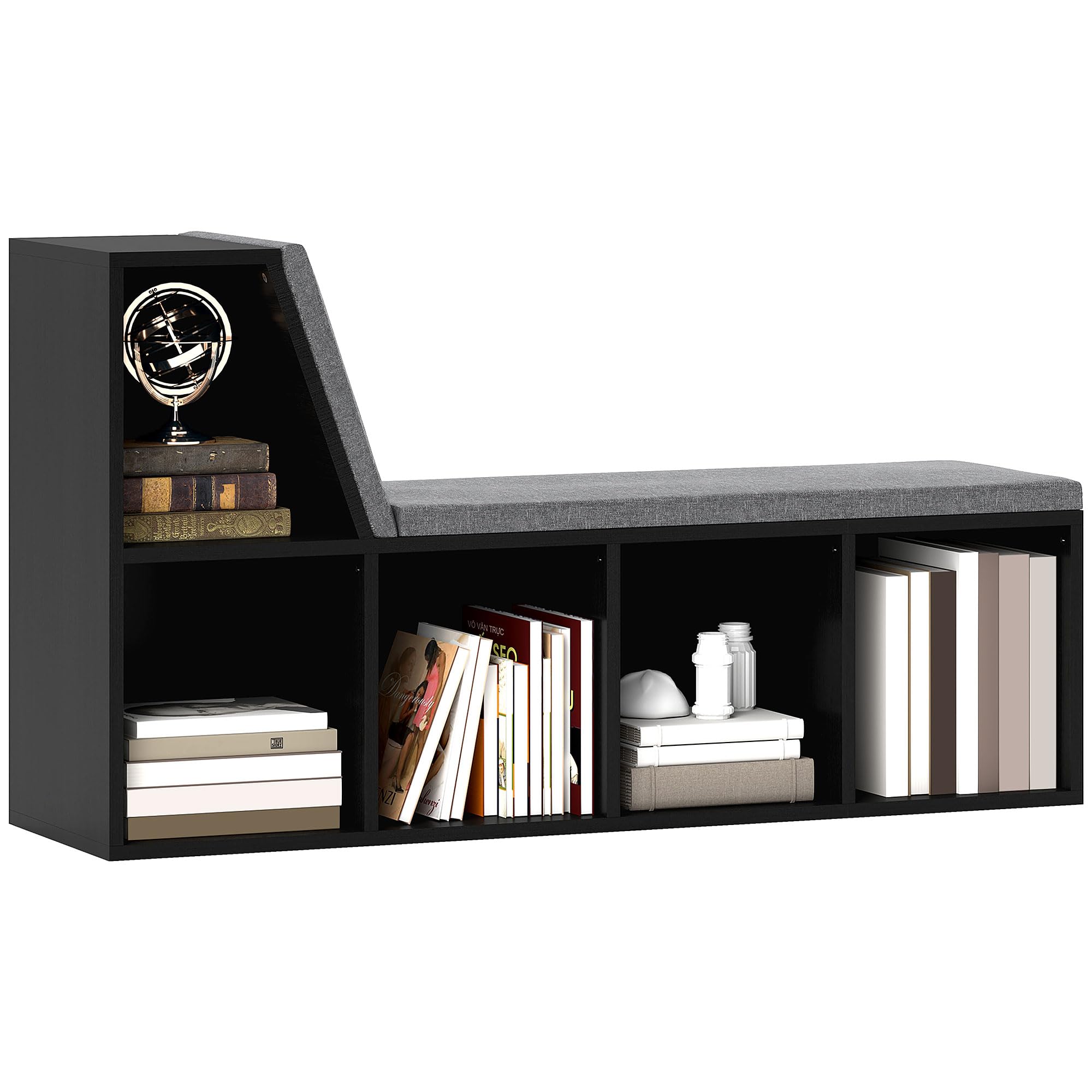 HOMCOM Bookcase Storage Shelf with Cushioned Reading Seat, Bookshelf Storage Cabinet for Study Living Room, Black
