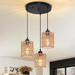 Rattan Pendant Lights 3-Light Rattan Light Fixture Ceiling Hanging, Farmhouse Chandeliers Boho Lighting with Hand Woven Wicker Shades for Kitchen Island Dining Room Bedroom Hallway Living Room