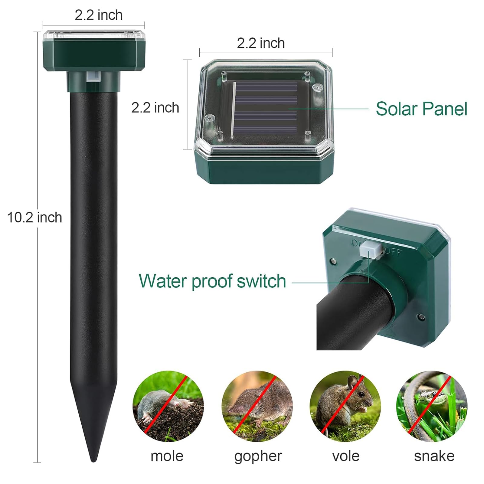 Lot de 4 ou 6 paquets de répulsifs solaires soniques pour extérieur - Piège à taupes imperméable pour extérieur - Pour dissuasion des taupes, rongeurs, campagnols, gopher, serpent, pelouse
