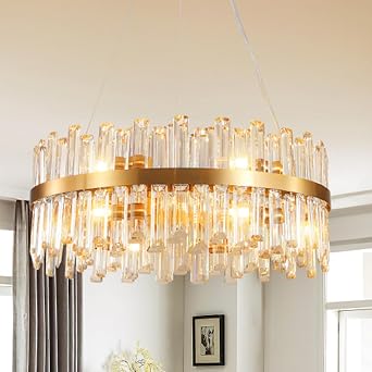 Modern Crystal Chandelier, Brass Gold Round Crystal Raindrop Chandelier Lighting Contemporary Pendant Ceiling Light Fixture for Kitchen Island Dining Living Room D23.6