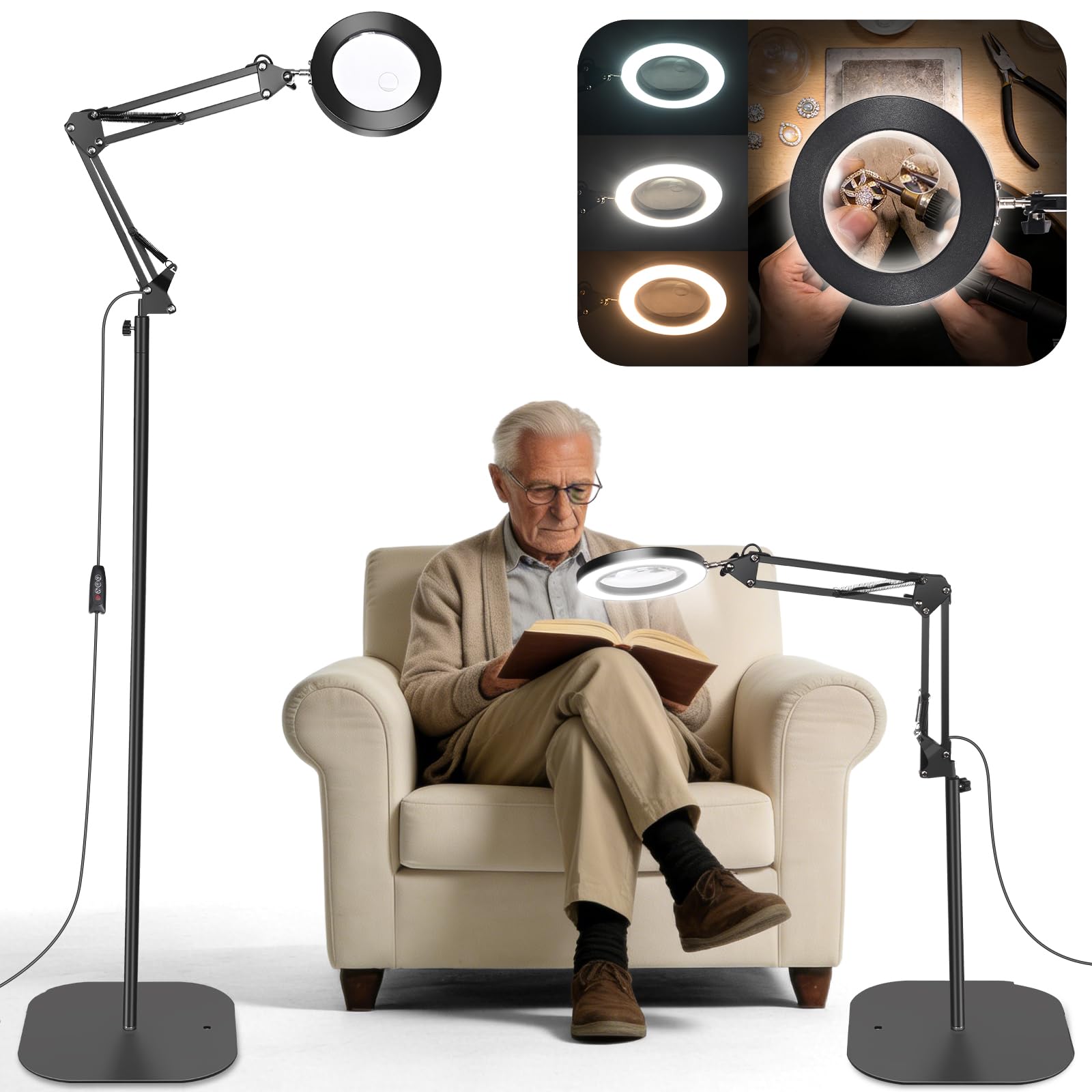 10X & 20X Magnifying Glass with Light and Stand, 60 LED 3 Colour Modes& 10 Brightness,Magnifying Lamp with Clamp & Dual Lens for Reading,Crafting, Sewing, Hobbies,Seniors–Magnifying Glass on Stand