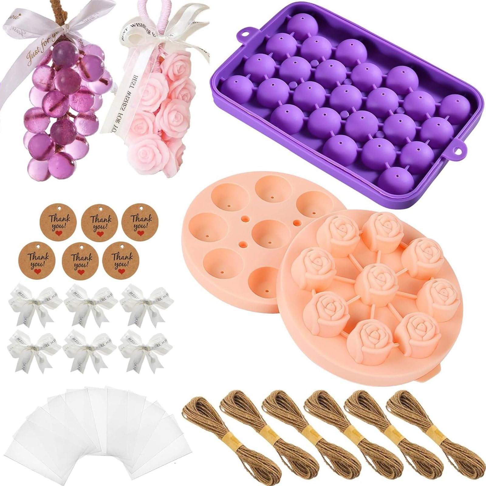 Oxxggkao 26Pcs Soap Making Set Includes Grape Rose Shaped Silicone Molds Rope Cards Bags Ribbons for Mother ' s Day Present Making Supplies