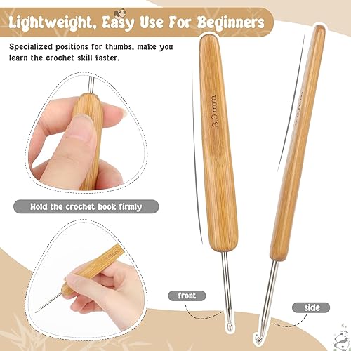 Miniatura 2 de Katech 10 ganchos de ganchillo ergonómicos para ganchillo, mango de madera de bambú, gancho de ganchillo de tamaño pequeño (0.030-0.118 in), hilo de