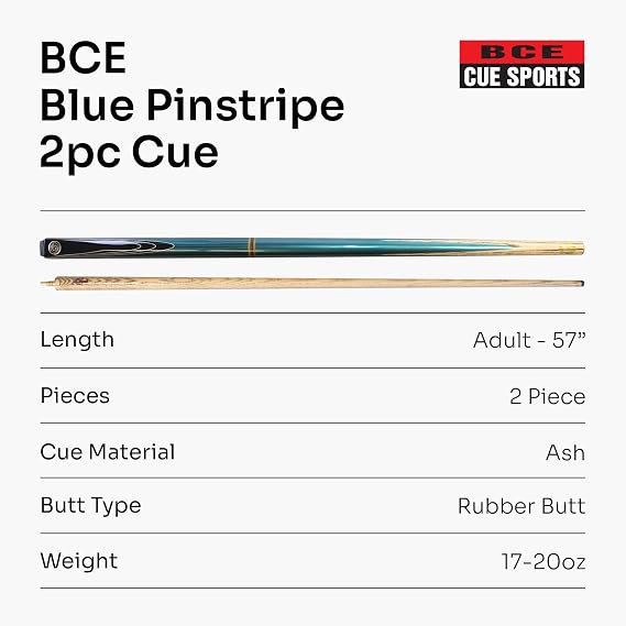 BCE BLUE Pinstripe 2 Piece Ash Snooker Pool Cue - 9.5mm Tip
