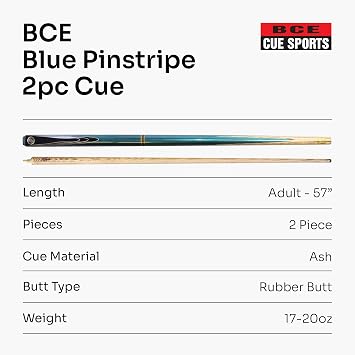 BCE BLUE Pinstripe 2 Piece Ash Snooker Pool Cue - 9.5mm Tip