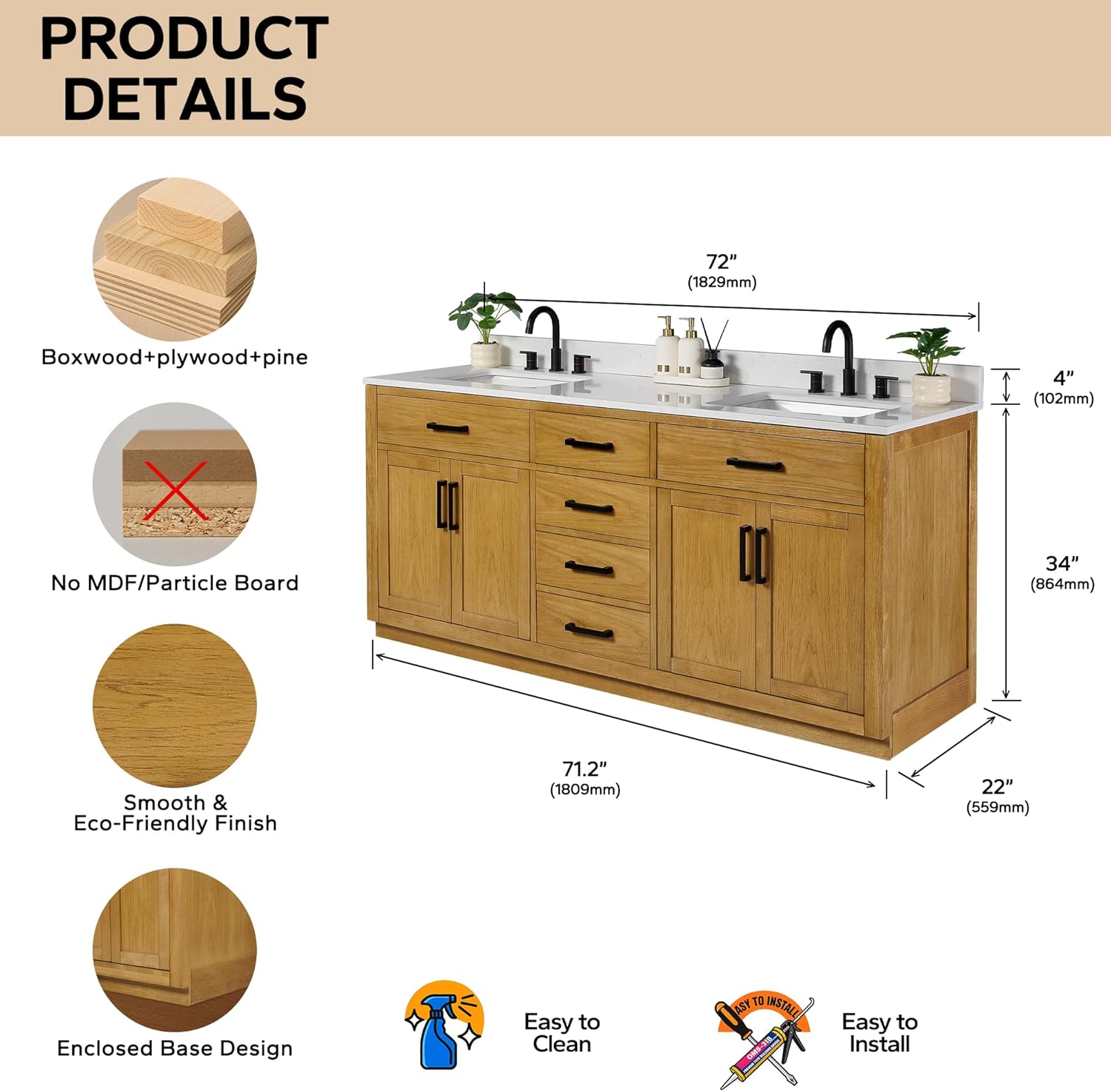 72-inch Natural Oak Bathroom Vanity with 2 Sinks, Solid Wood, 0.79-inch Stone Countertop and Backsplash, 6 Drawers, 4 Soft Closing Doors Natural Oak 72 inch
