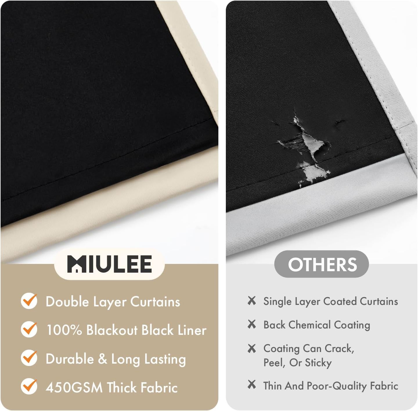MIULEE Cream Beige 100% Blackout Curtains for Bedroom 63 Inch Long, 2 Thick Layers Thermal Insulated Black Out Window Curtains with Black Liner, Noise Reducing Grommet Living Room Drapes 2 Panels Set
