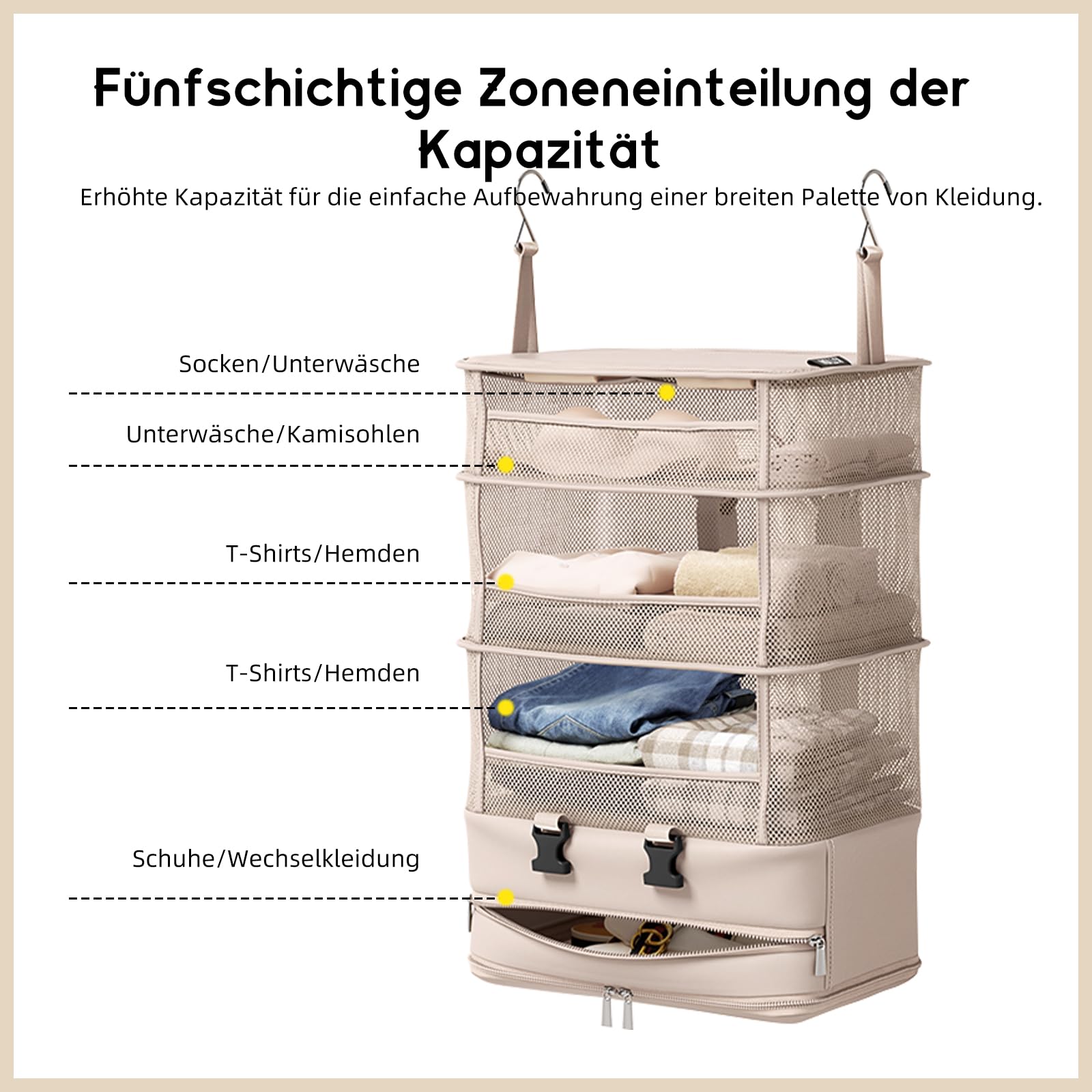 ACESOME Compression Koffer Organizer, 5 Schichten, Polyester, Beige-Pink, mit Haken und Reißverschluss, Camping Organizer Hängend, Faltbar Regal Handgepäck, Großes Fassungsvermögen