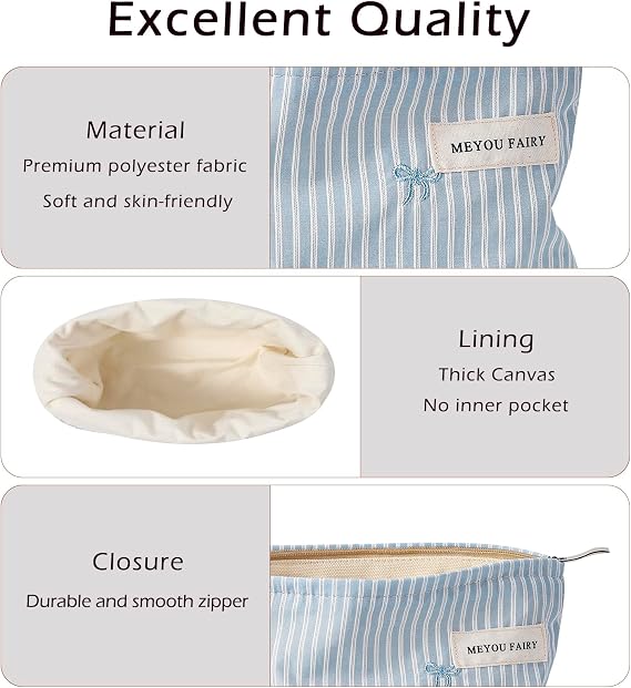 RSRSLEII Striped Makeup Bag for Women, Blue Cosmetic Bag with Bow, Travel Toiletry Cosmetic Bag with Zipper, Cute Women Aesthetic Organizer Storage Pouch, Girls Handbags Purses (02 Blue Stripe)
