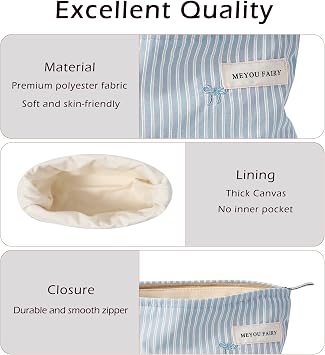 RSRSLEII Striped Makeup Bag for Women, Blue Cosmetic Bag with Bow, Travel Toiletry Cosmetic Bag with Zipper, Cute Women Aesthetic Organizer Storage Pouch, Girls Handbags Purses (02 Blue Stripe)
