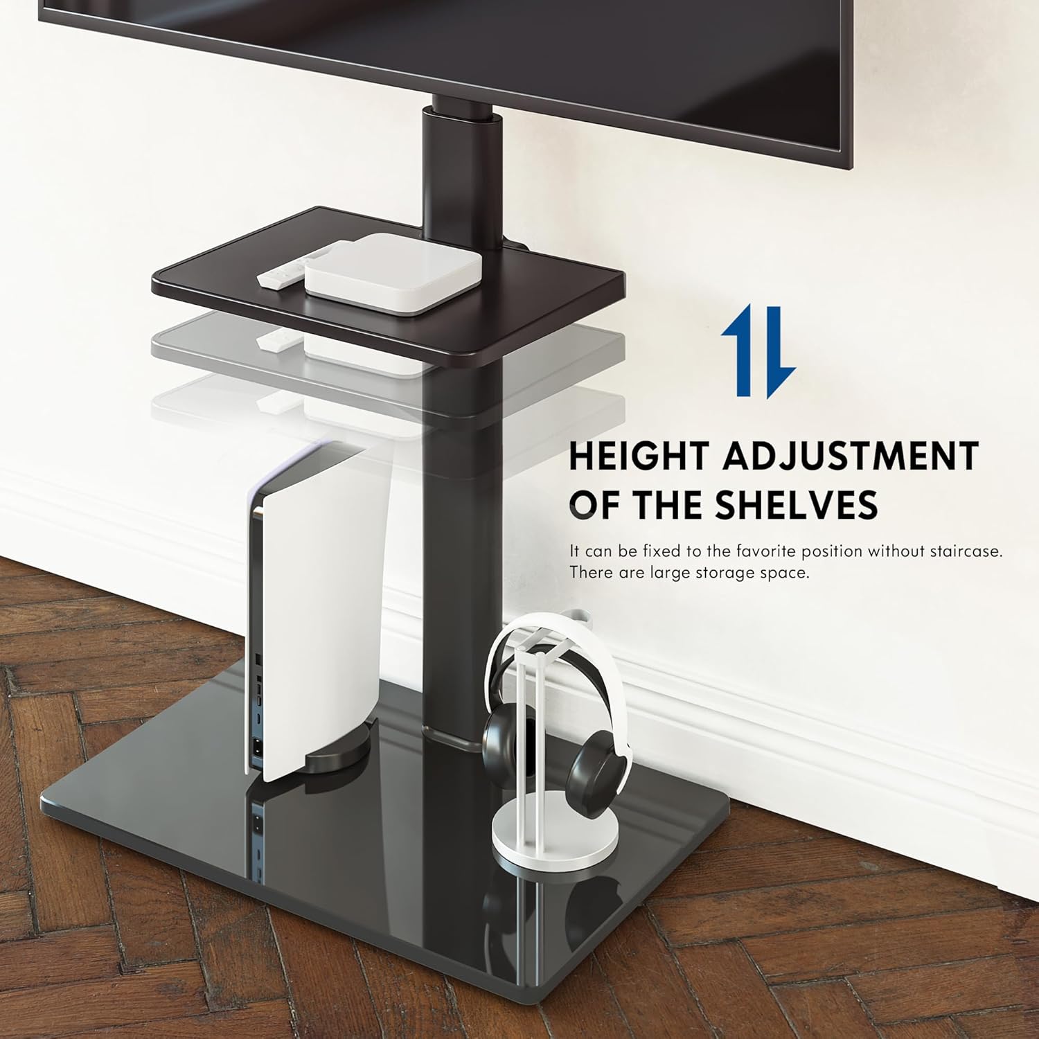 Image illustrating the height adjustment of the accessory shelf on the TV stand