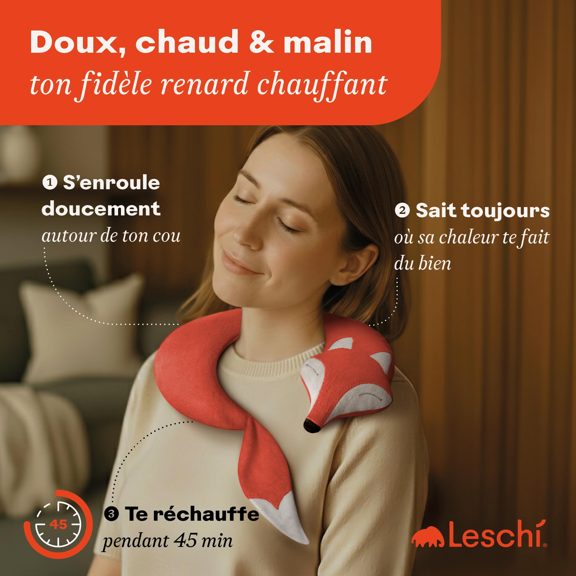 LESCHI Coussin chauffant micro ondes en coton 100% bio, Renard rouge, Bouillotte graines de blé 100% bio, Bouillotte micro-ondes idéale pour réchauffer cervicale, épaules, cou, nuque