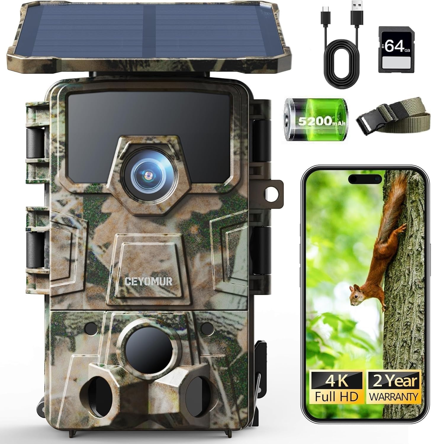 CEYOMUR 4K 30fps Solar Wildkamera, 64MP Wi-Fi 6 wildtierkamera mit Handyübertragung App, 120° Erfassungs Winkel, Wildkamera WLAN mit 0,1s Auslösezeit, 5200mAh Akku, 64GB SD-Karte, IP66 Wasserdicht
