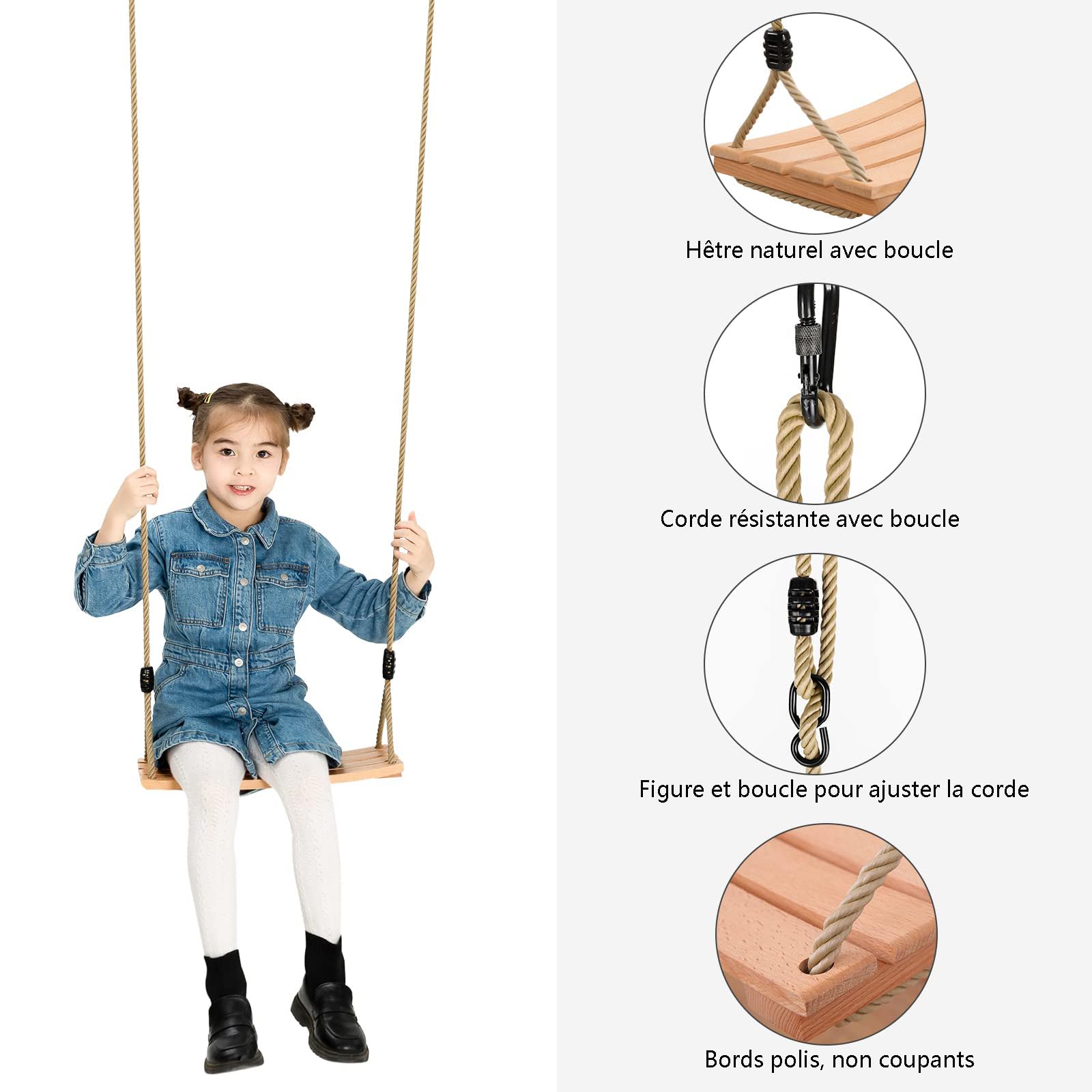 Balançoire Classique en Bois pour Arbre, balançoire d'extérieur pour Adultes et Enfants, siège de balançoire en Bois avec Corde Solide