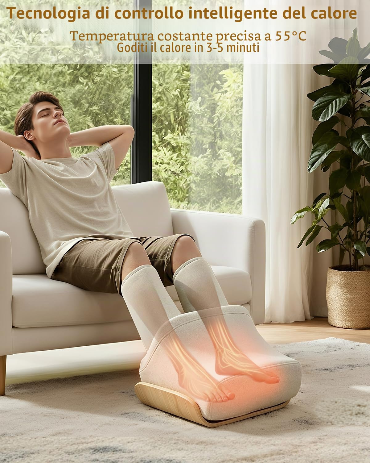 massaggiatore per piedi Shiatsu con funzione riscaldante, massaggio pneumatico per polpacci e rulli, massaggiatore per gambe per uso domestico, beige
