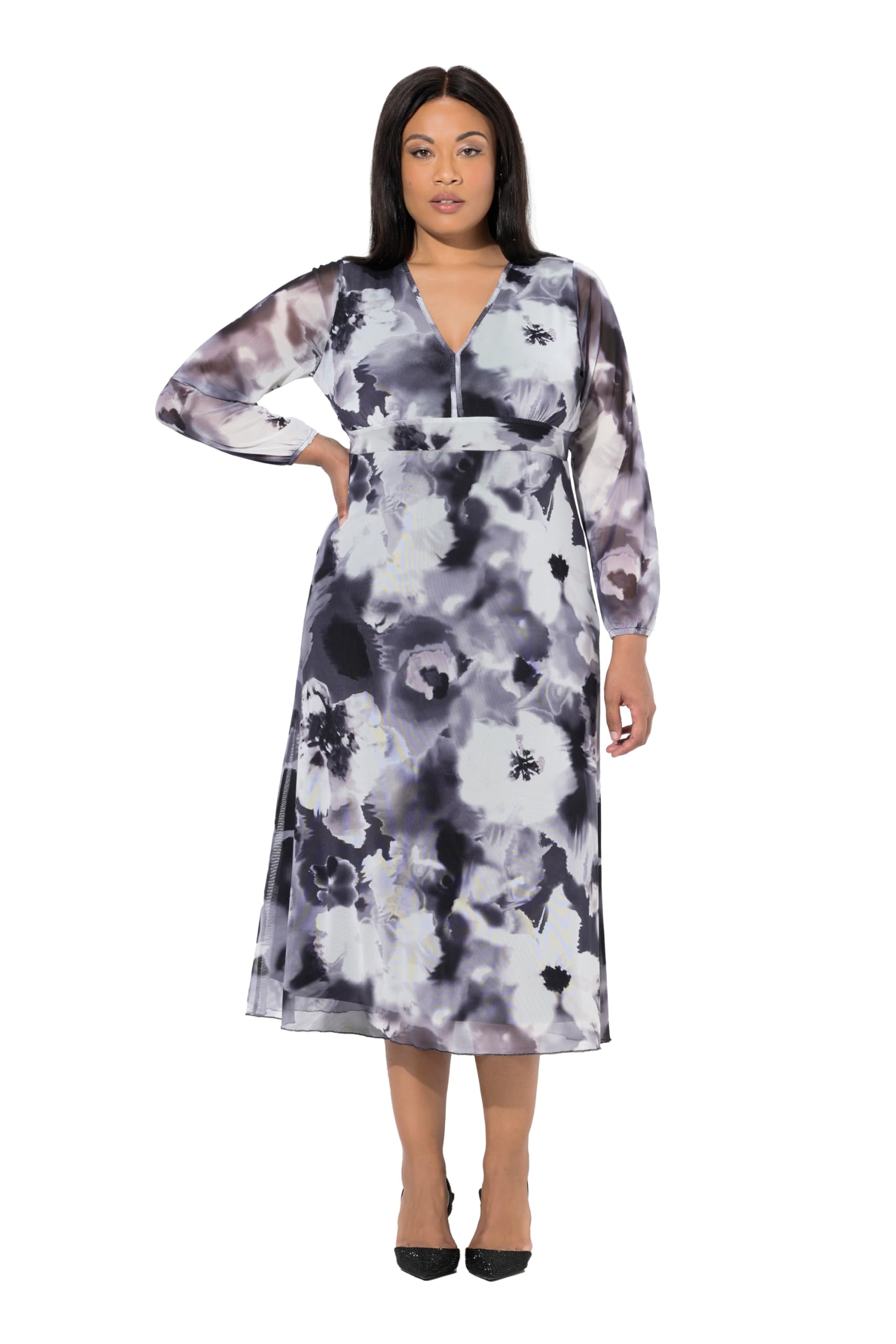 Ulla Popken Damen große Größen Übergrößen Plus Size Mesh-Maxikleid, Blüten, A-Linie, V-Ausschnitt, Langarm 847546