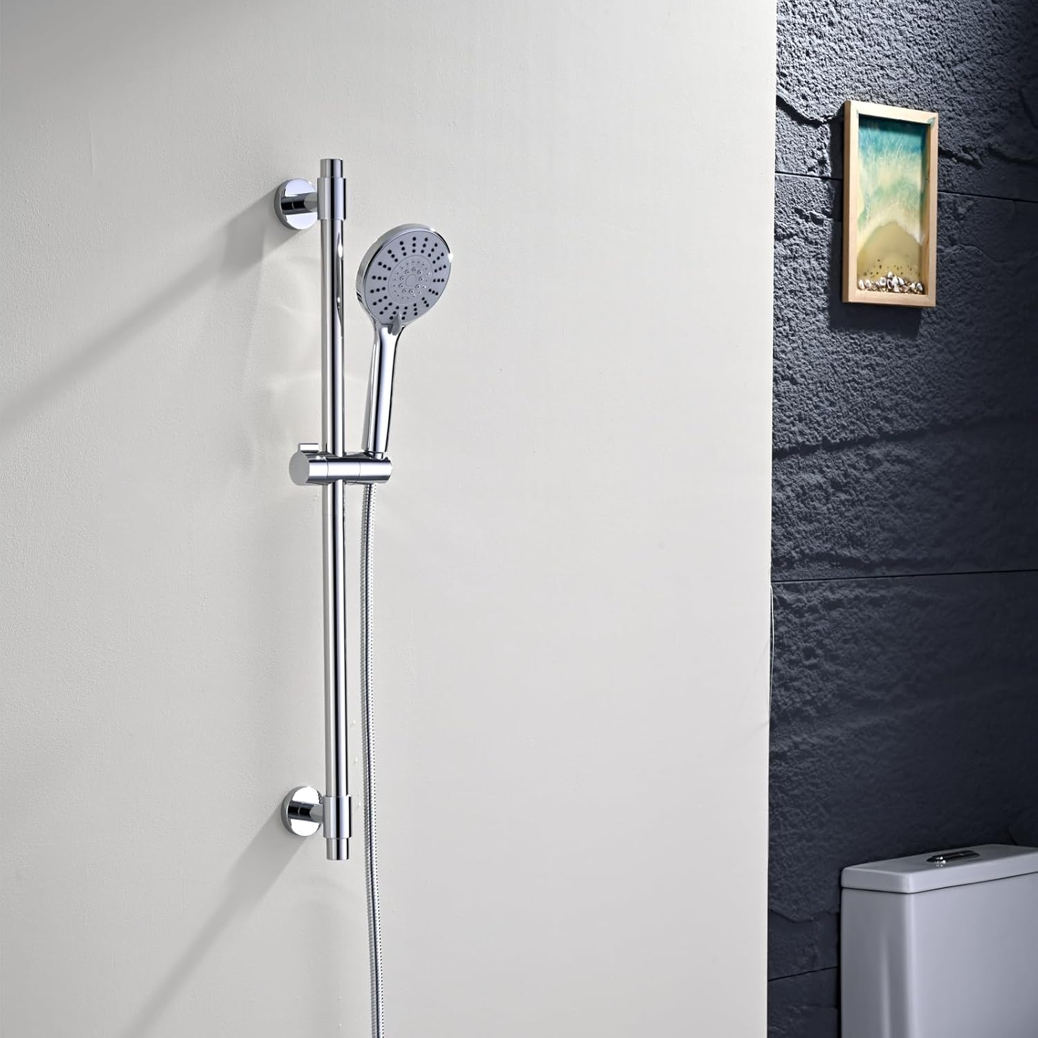 Adjustable Shower Slide Bar with 5-Function Handheld Shower Head, Stainless Steel Grab Slide Bar Combo with Extra Hose (Chrome)