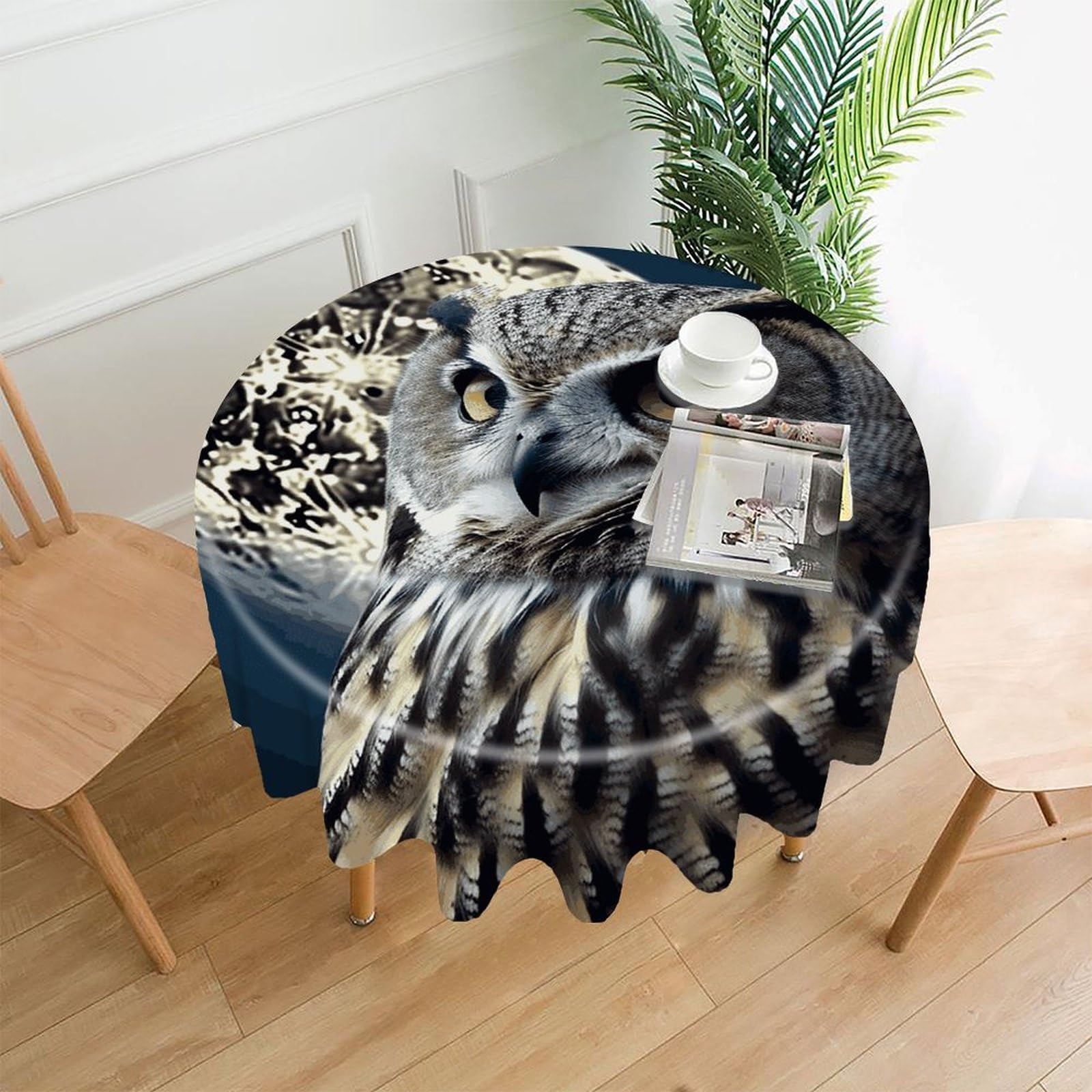 FekiLoot Round Owl and Moon Tablecloth Decorative Fabric Table Cloth Wrinkle Free Circle Dining Tablecover Washable Polyester Table Cover for Holiday Dinner Party Decor 60"