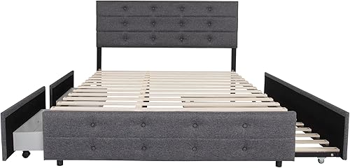 Miniatura 4 de DNYN Cama de plataforma tapizada tamaño Queen con nido y 2 cajones para niños y adultos, marco de cama de madera maciza, muebles de tela de lino con